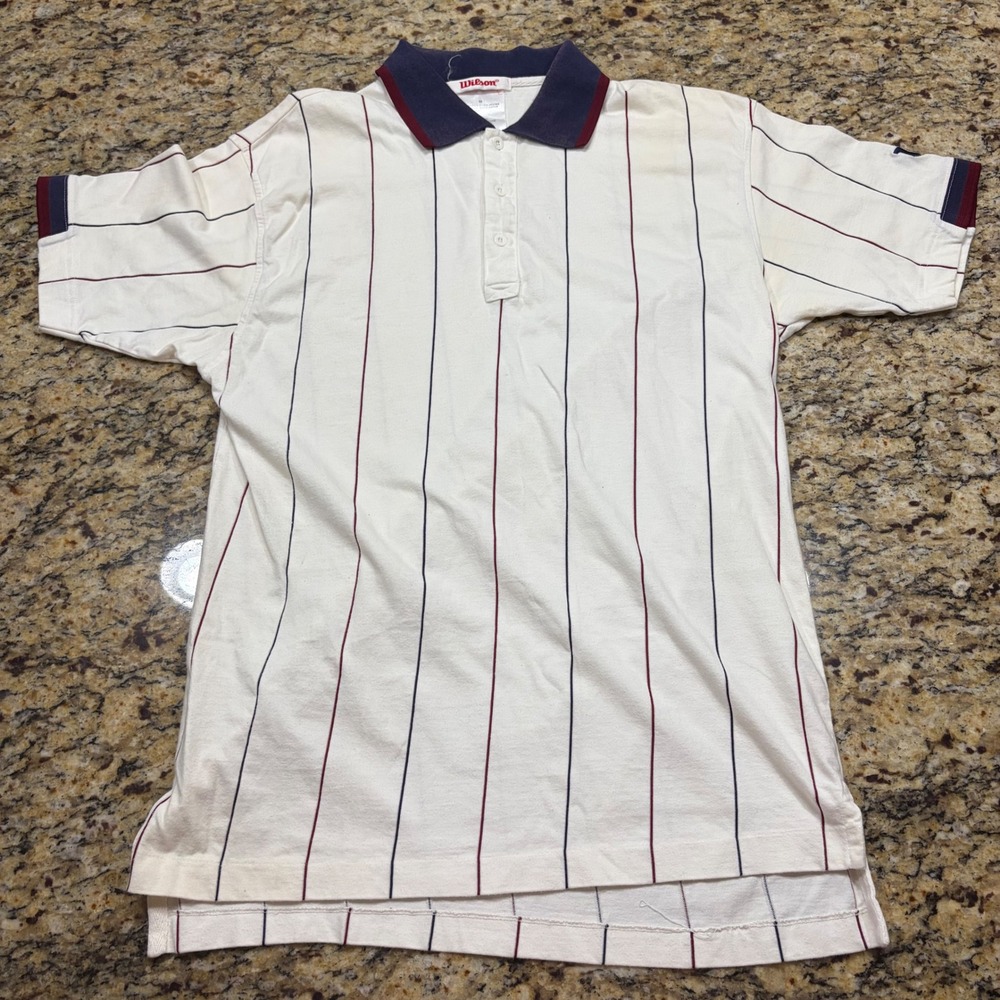 Vintage Wilson Polo Shirt Mens Medium White Pinstripe Short Sleeve Tennis Golf